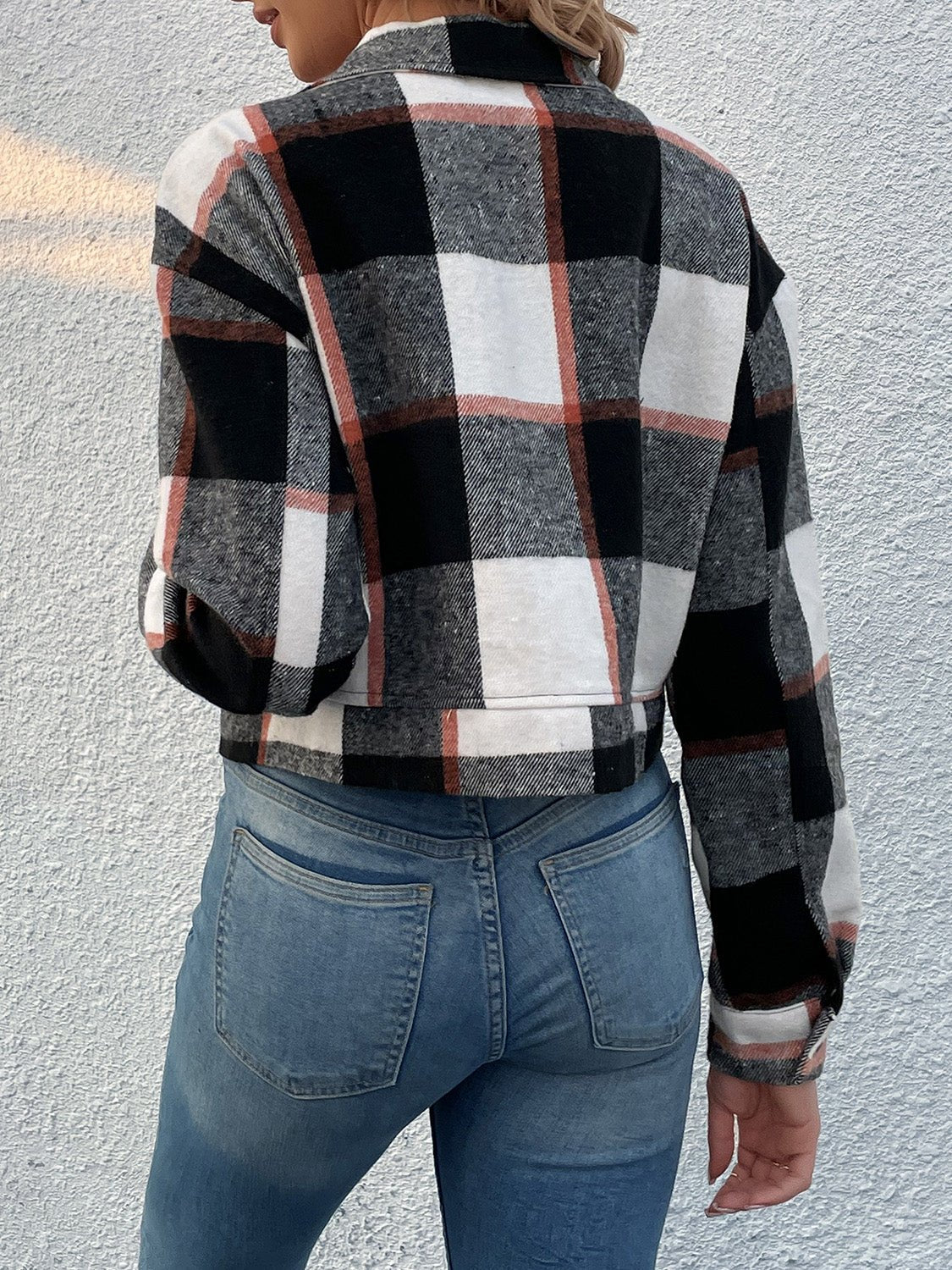 Perfee Plaid Button Up Drop Shoulder Cropped Jacket - Flip Flop Dynasty