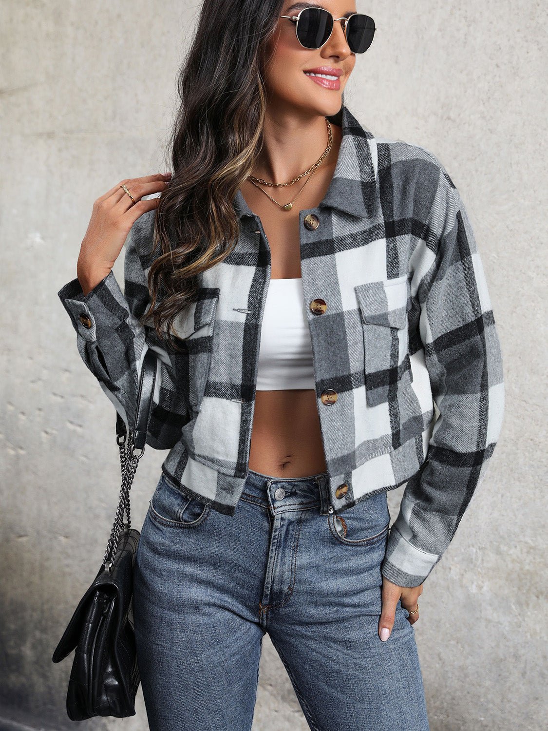 Perfee Plaid Button Up Drop Shoulder Cropped Jacket - Flip Flop Dynasty