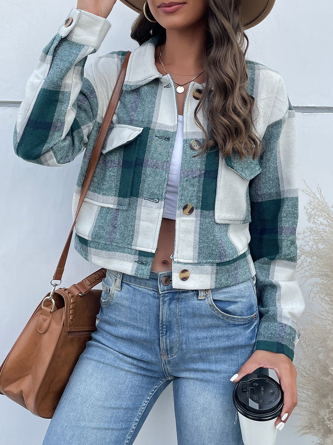 Perfee Plaid Button Up Drop Shoulder Cropped Jacket - Flip Flop Dynasty