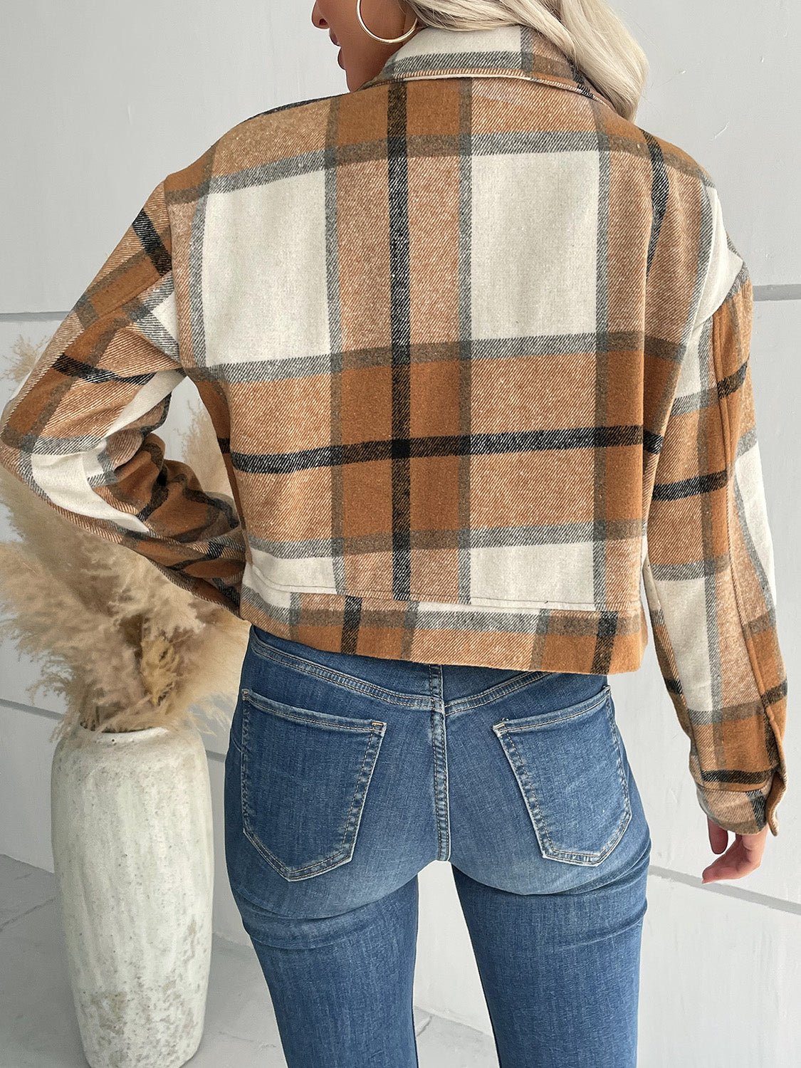Perfee Plaid Button Up Drop Shoulder Cropped Jacket - Flip Flop Dynasty