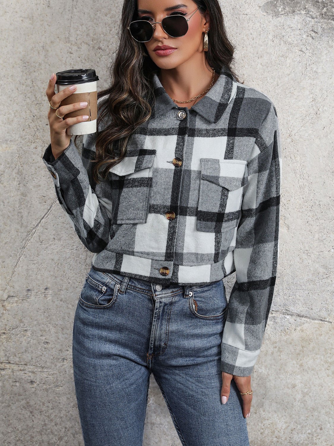 Perfee Plaid Button Up Drop Shoulder Cropped Jacket - Flip Flop Dynasty