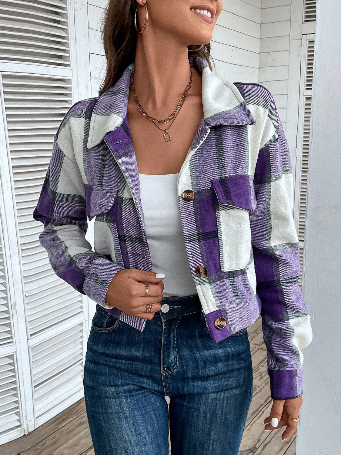 Perfee Plaid Button Up Drop Shoulder Cropped Jacket - Flip Flop Dynasty