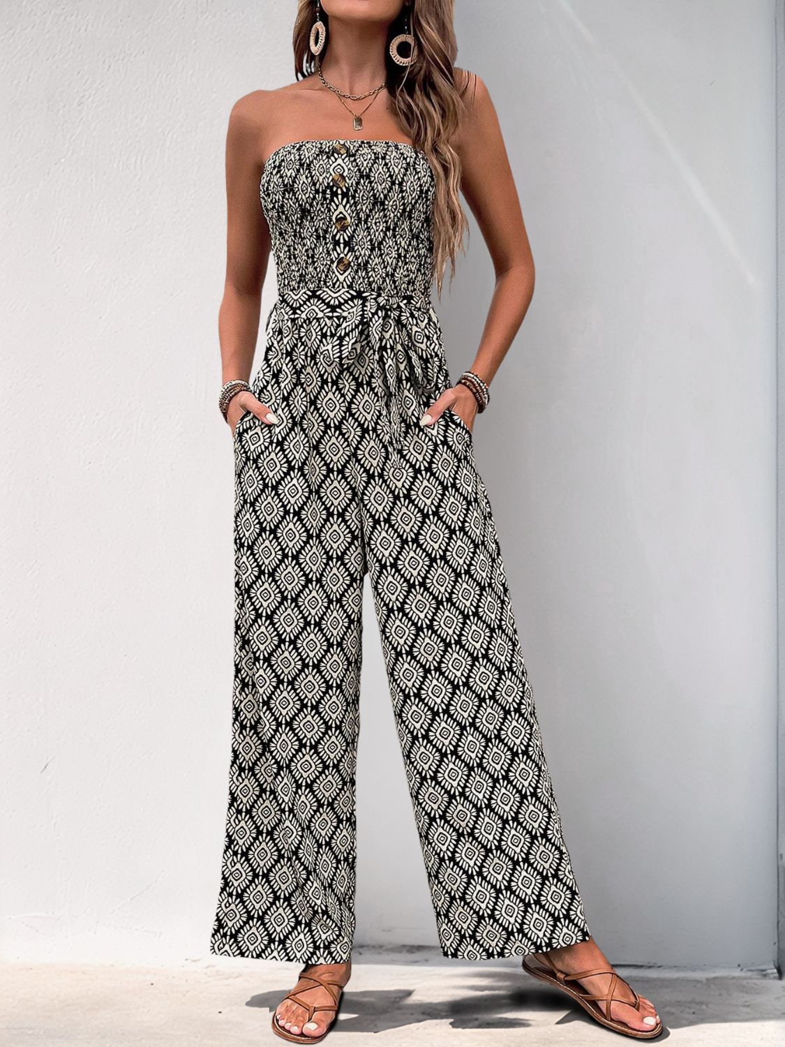 Perfee Printed Smocked Sleeveless Jumpsuit - Flip Flop Dynasty