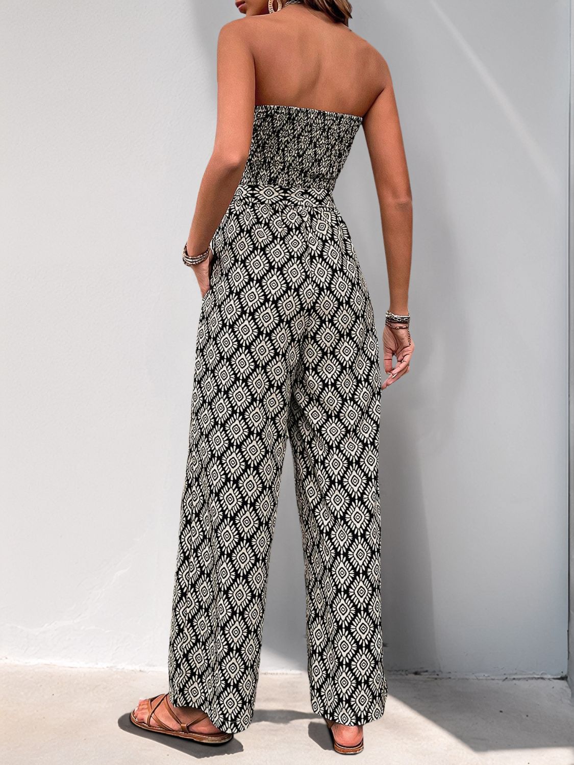 Perfee Printed Smocked Sleeveless Jumpsuit - Flip Flop Dynasty