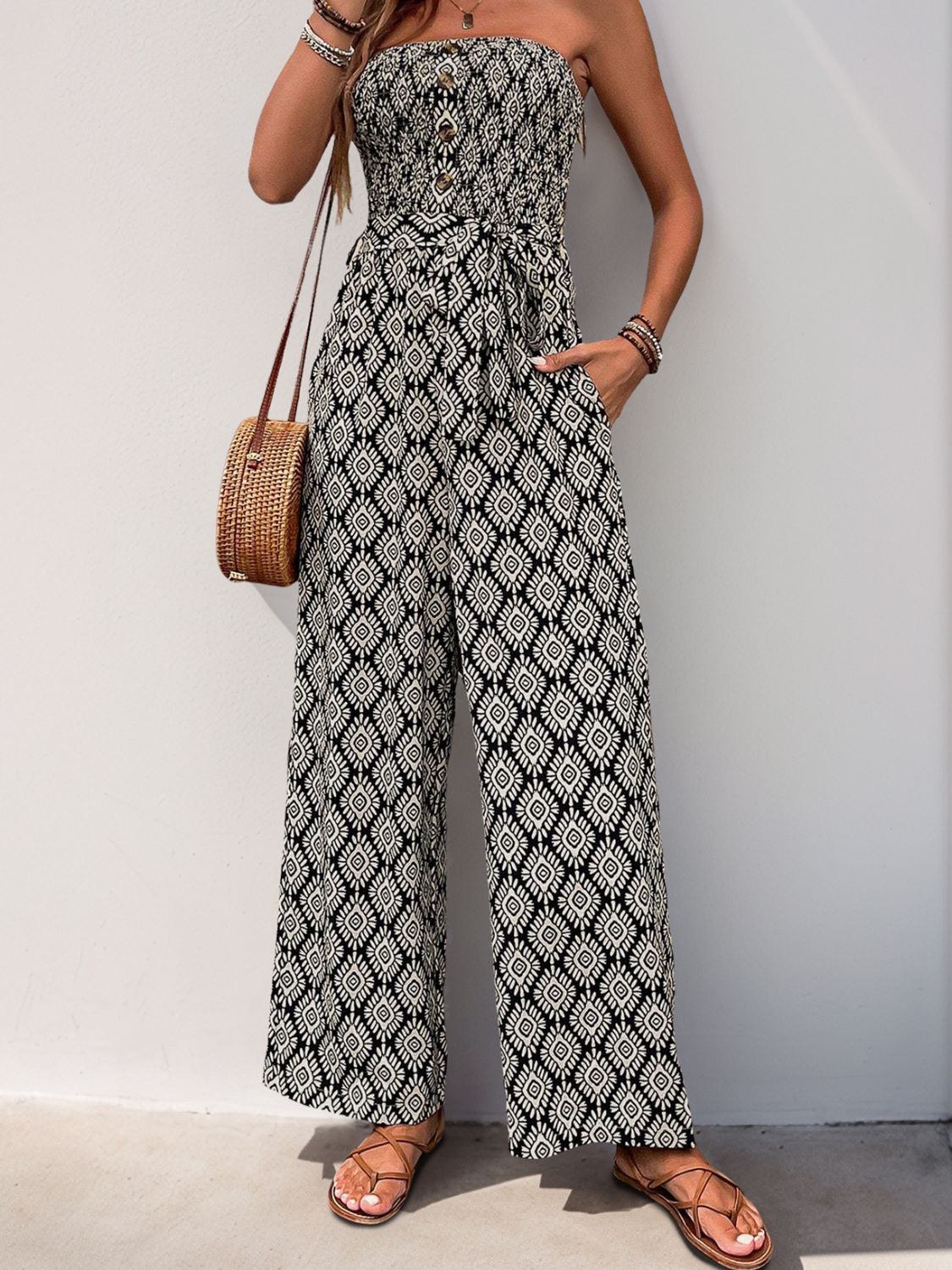 Perfee Printed Smocked Sleeveless Jumpsuit - Flip Flop Dynasty