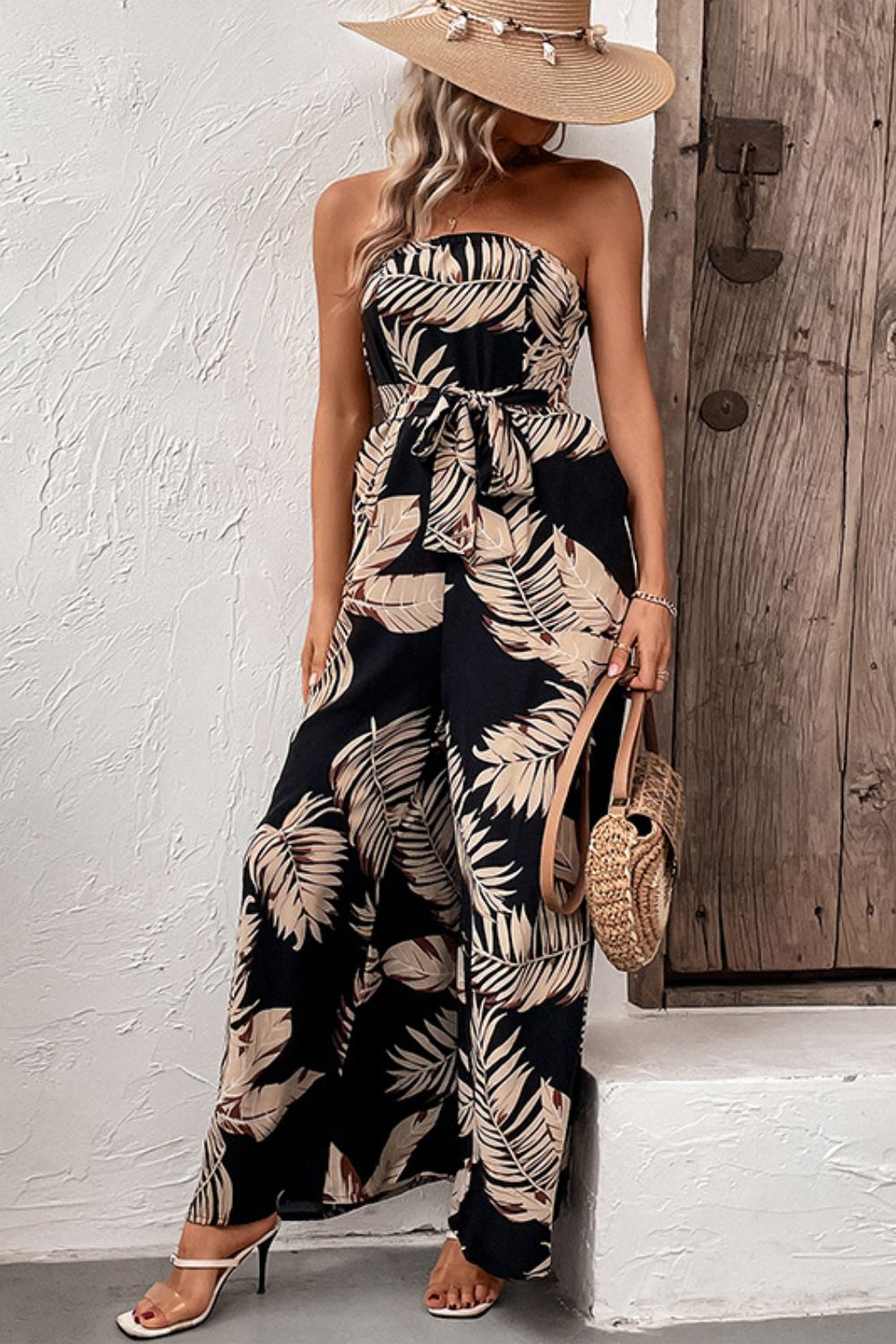 Perfee Printed Strapless Wide Leg Jumpsuit with Pockets - Flip Flop Dynasty