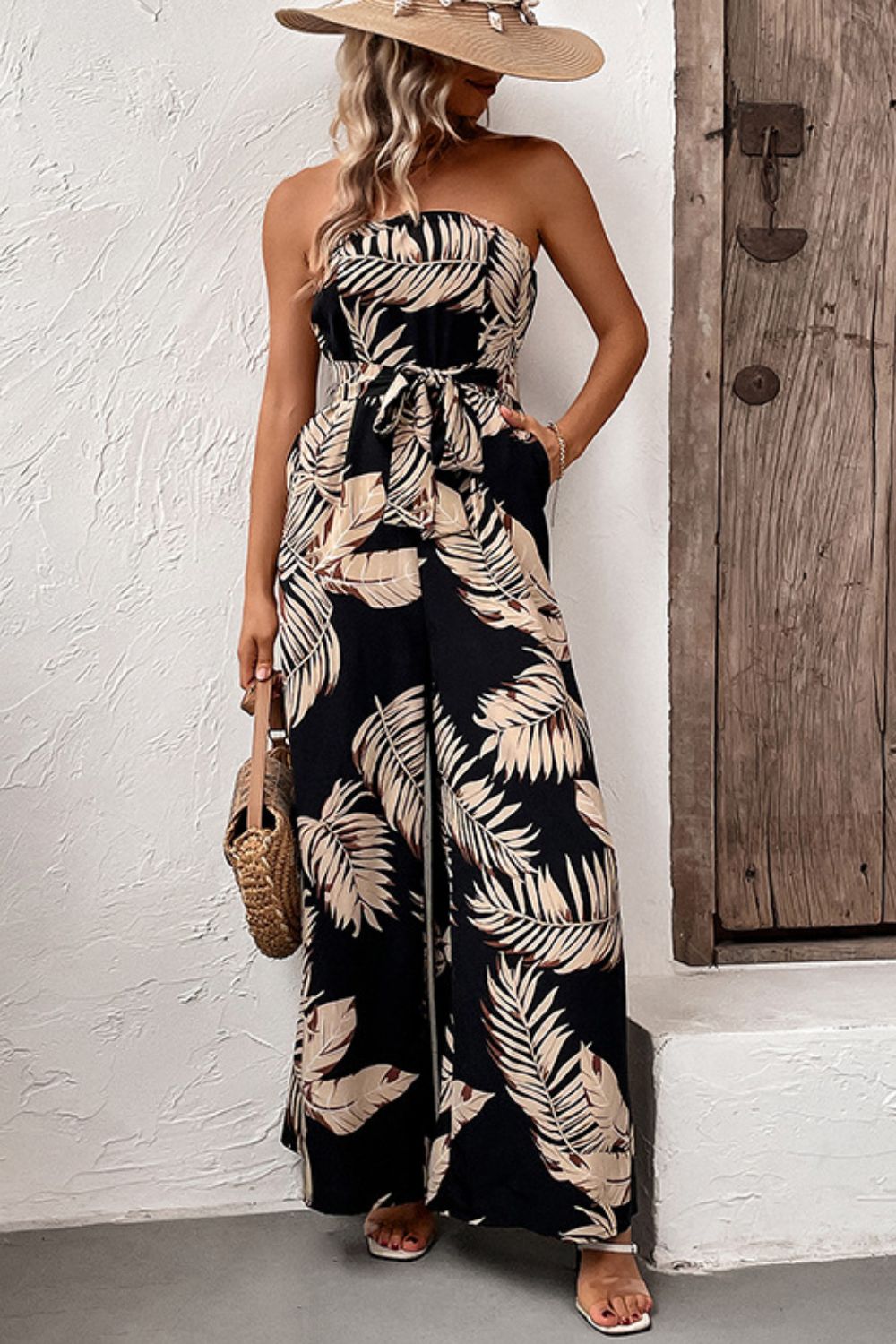 Perfee Printed Strapless Wide Leg Jumpsuit with Pockets - Flip Flop Dynasty