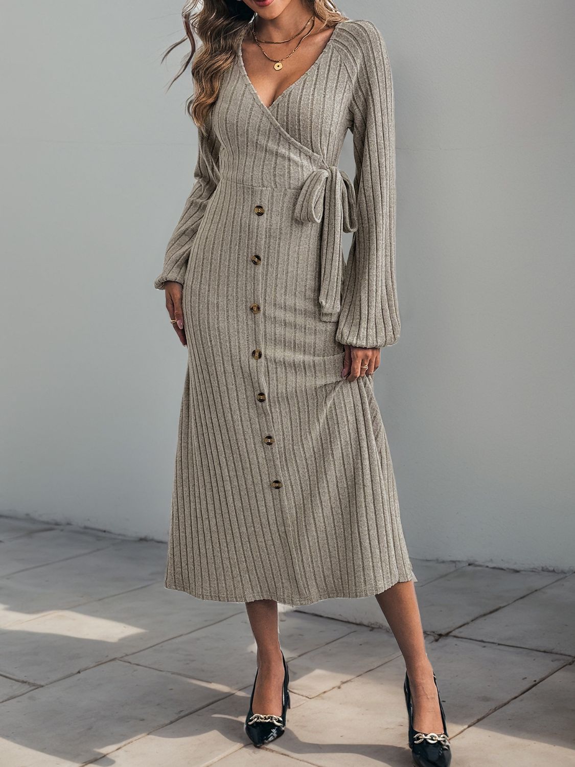 Perfee Ribbed Tied Surplice Long Sleeve Dress - Flip Flop Dynasty