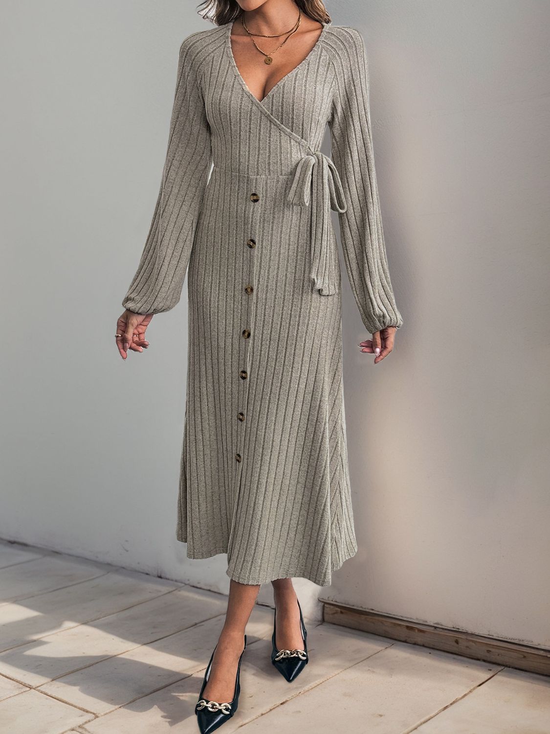 Perfee Ribbed Tied Surplice Long Sleeve Dress - Flip Flop Dynasty