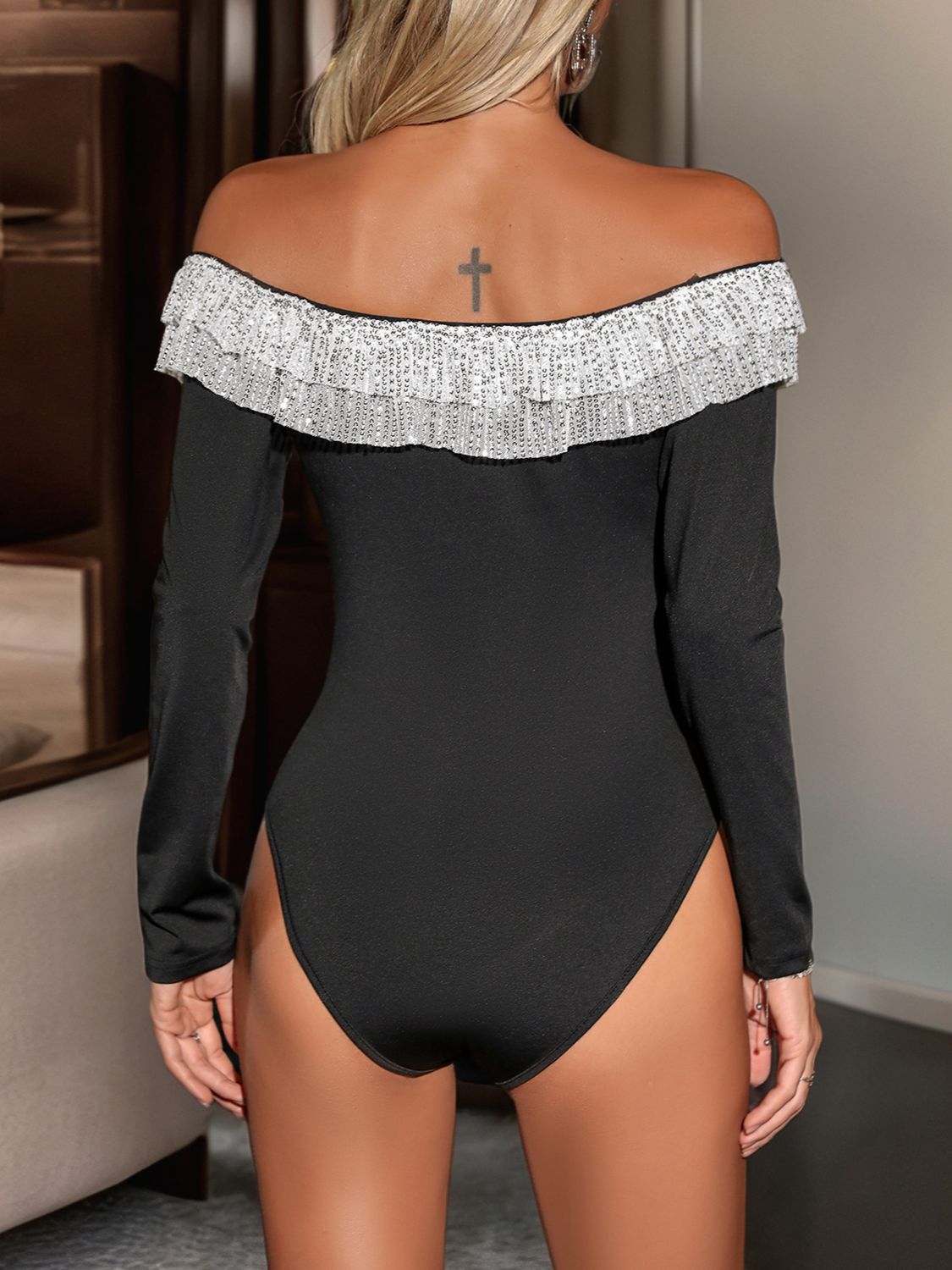 Perfee Sequin Ruffled Off - Shoulder Long Sleeve Bodysuit - Flip Flop Dynasty