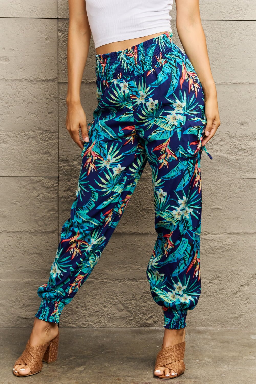 Perfee Smocked Plant Print Long Pants - Flip Flop Dynasty