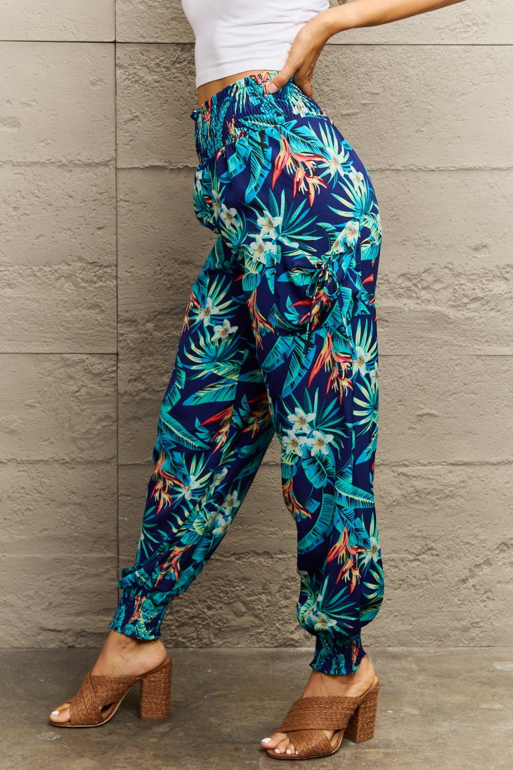 Perfee Smocked Plant Print Long Pants - Flip Flop Dynasty