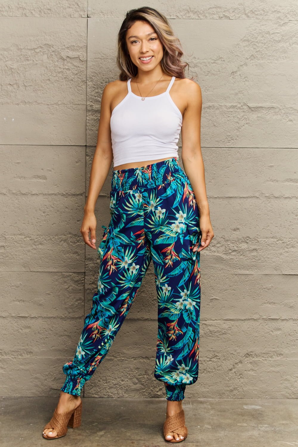 Perfee Smocked Plant Print Long Pants - Flip Flop Dynasty