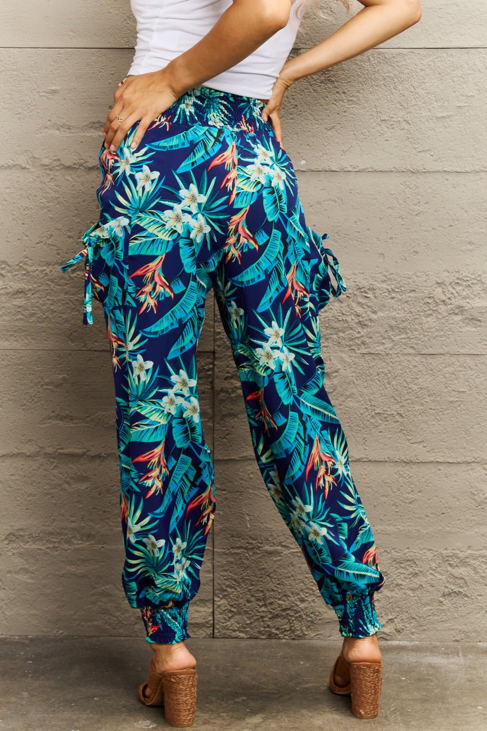 Perfee Smocked Plant Print Long Pants - Flip Flop Dynasty