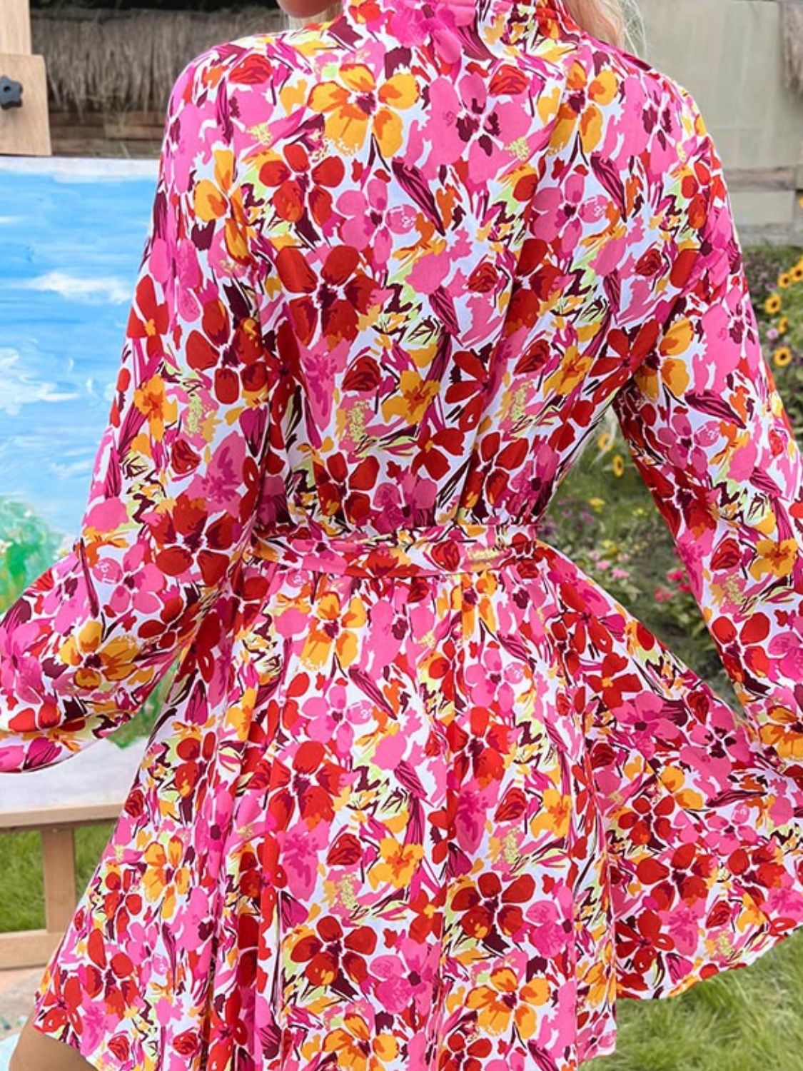 Perfee Tie Front Printed Long Sleeve Mini Dress - Flip Flop Dynasty