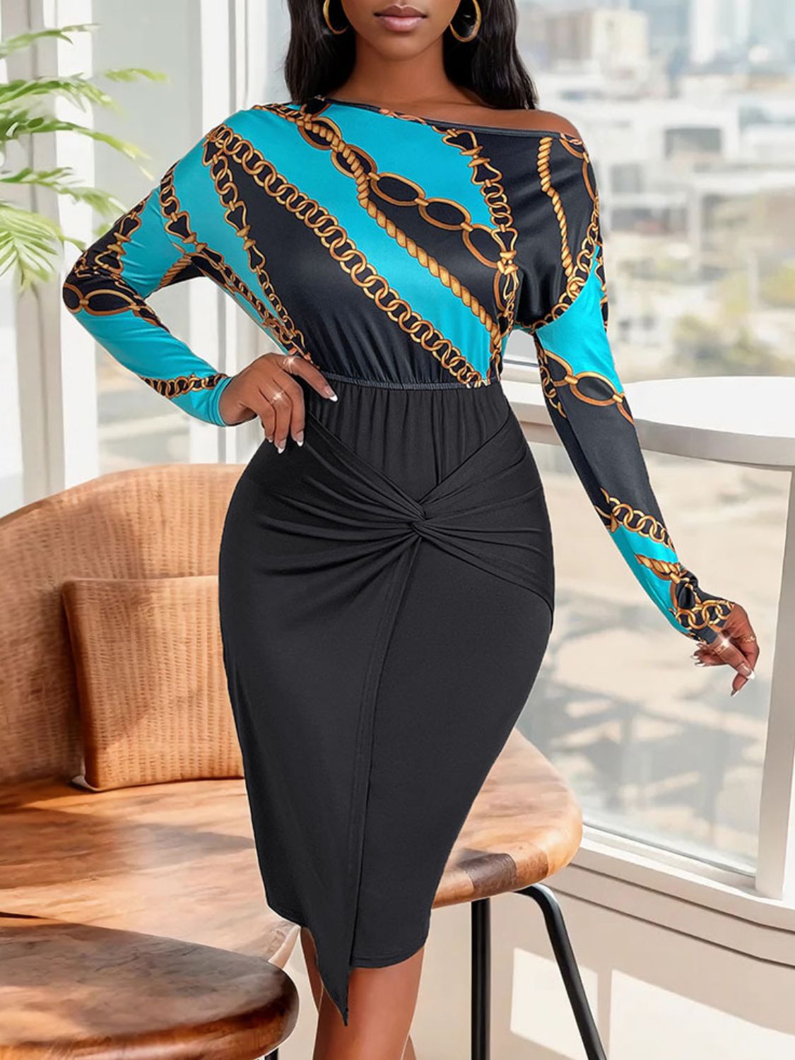 Perfee Twisted Printed Long Sleeve Dress - Flip Flop Dynasty