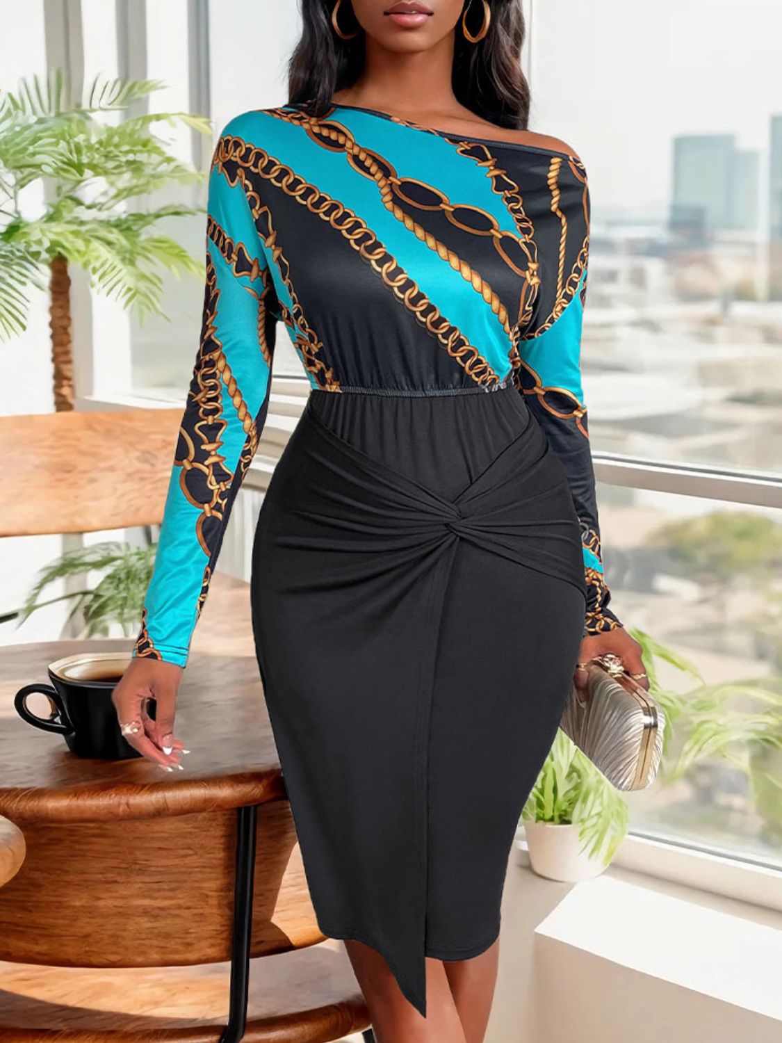 Perfee Twisted Printed Long Sleeve Dress - Flip Flop Dynasty