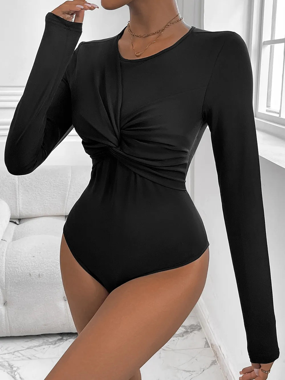 Perfee Twisted Round Neck Long Sleeve Bodysuit - Flip Flop Dynasty