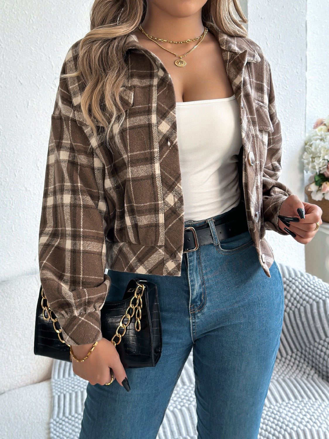Plaid Button Up Long Sleeve Jacket - Flip Flop Dynasty
