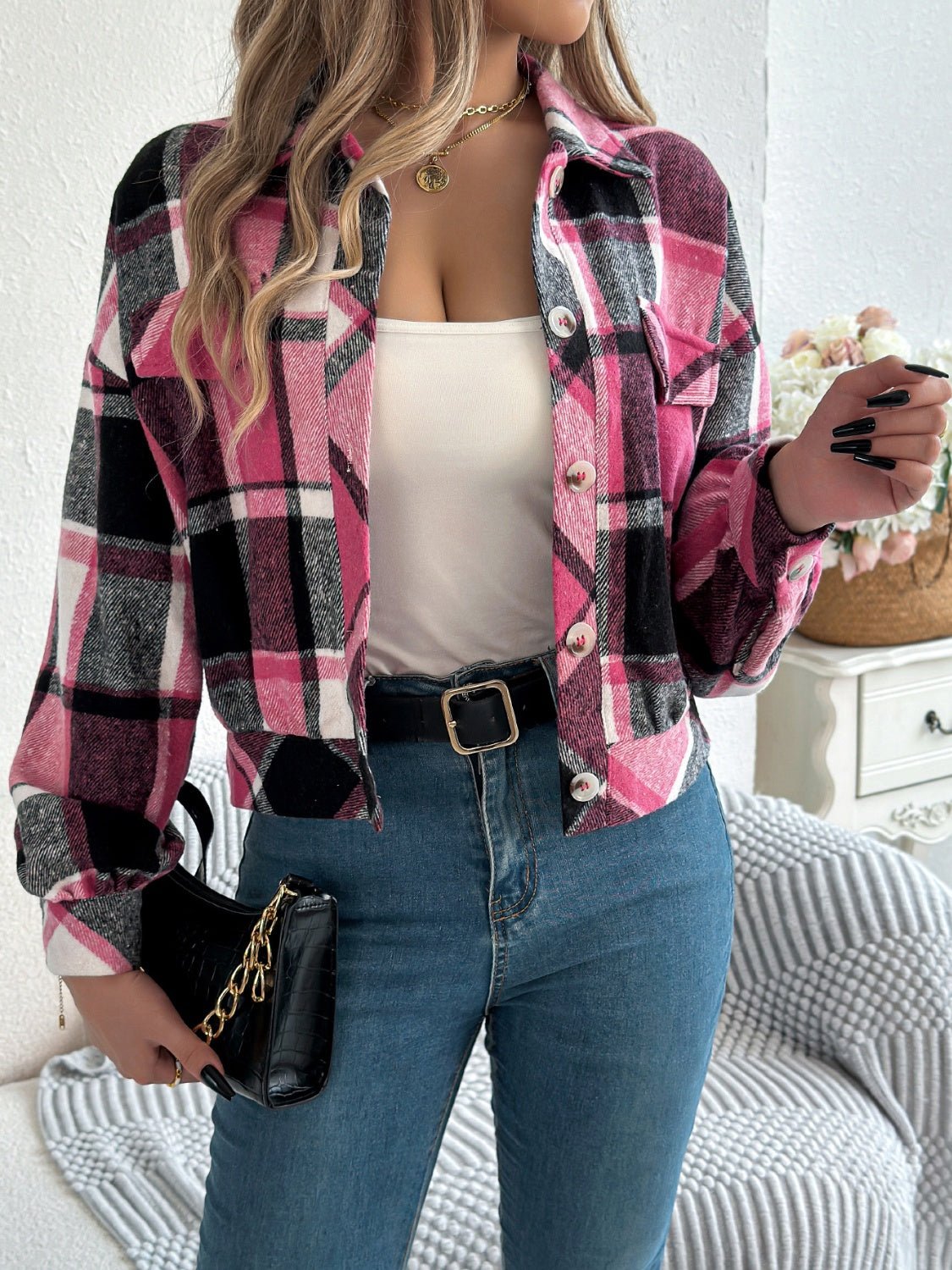 Plaid Button Up Long Sleeve Jacket - Flip Flop Dynasty