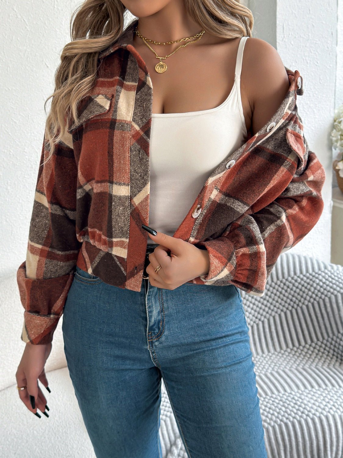 Plaid Button Up Long Sleeve Jacket - Flip Flop Dynasty