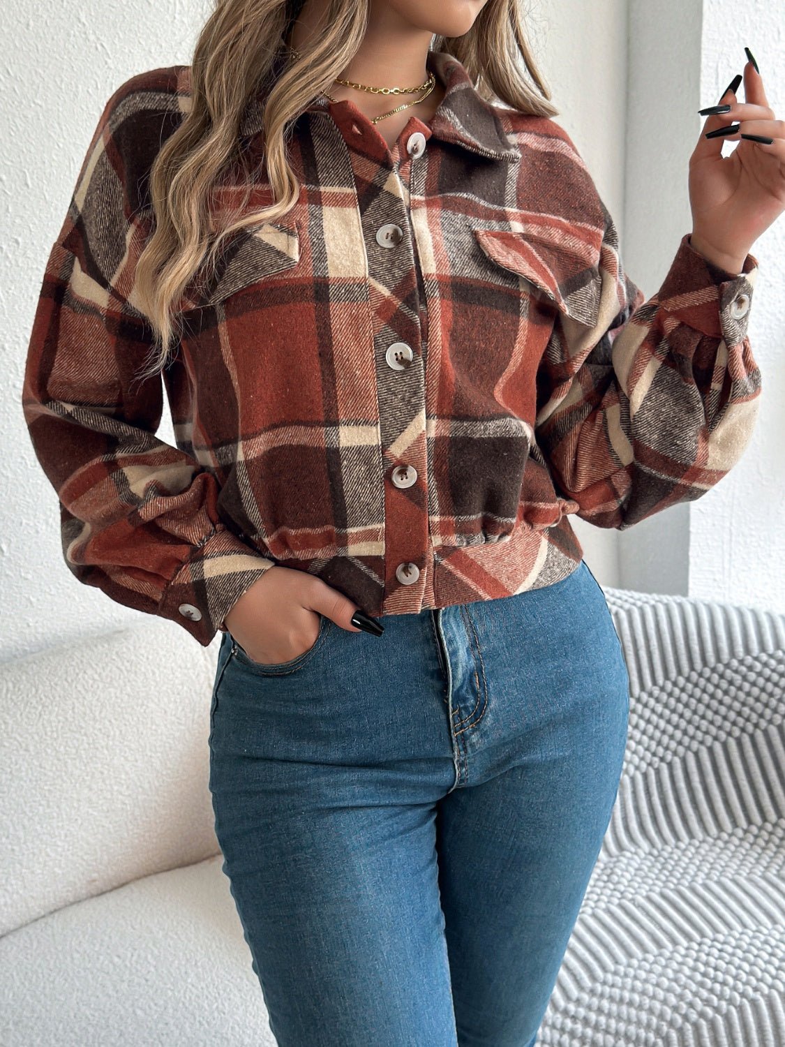 Plaid Button Up Long Sleeve Jacket - Flip Flop Dynasty