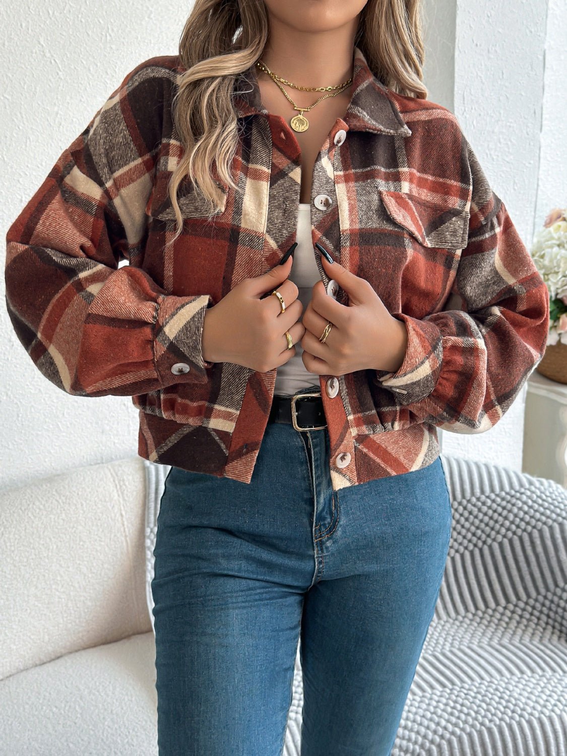 Plaid Button Up Long Sleeve Jacket - Flip Flop Dynasty