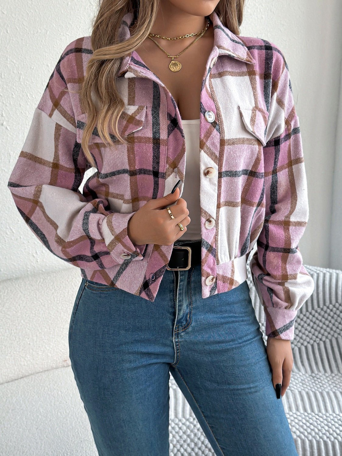 Plaid Button Up Long Sleeve Jacket - Flip Flop Dynasty