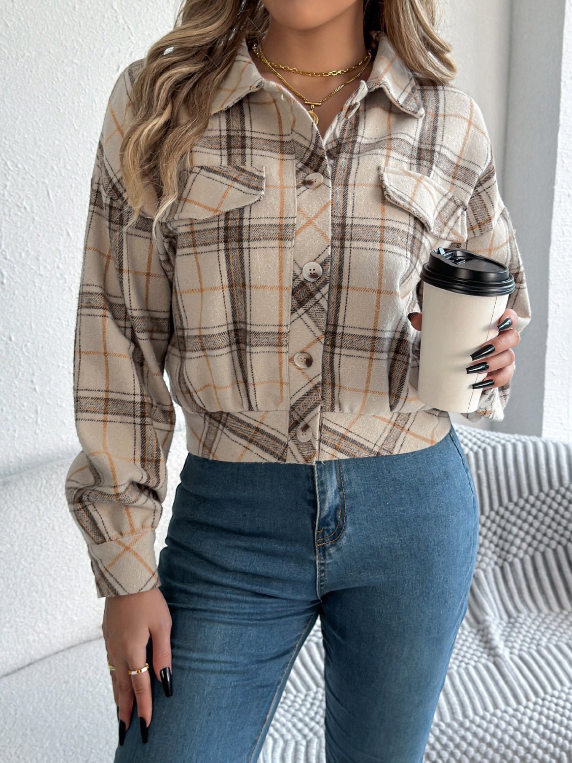 Plaid Button Up Long Sleeve Jacket - Flip Flop Dynasty