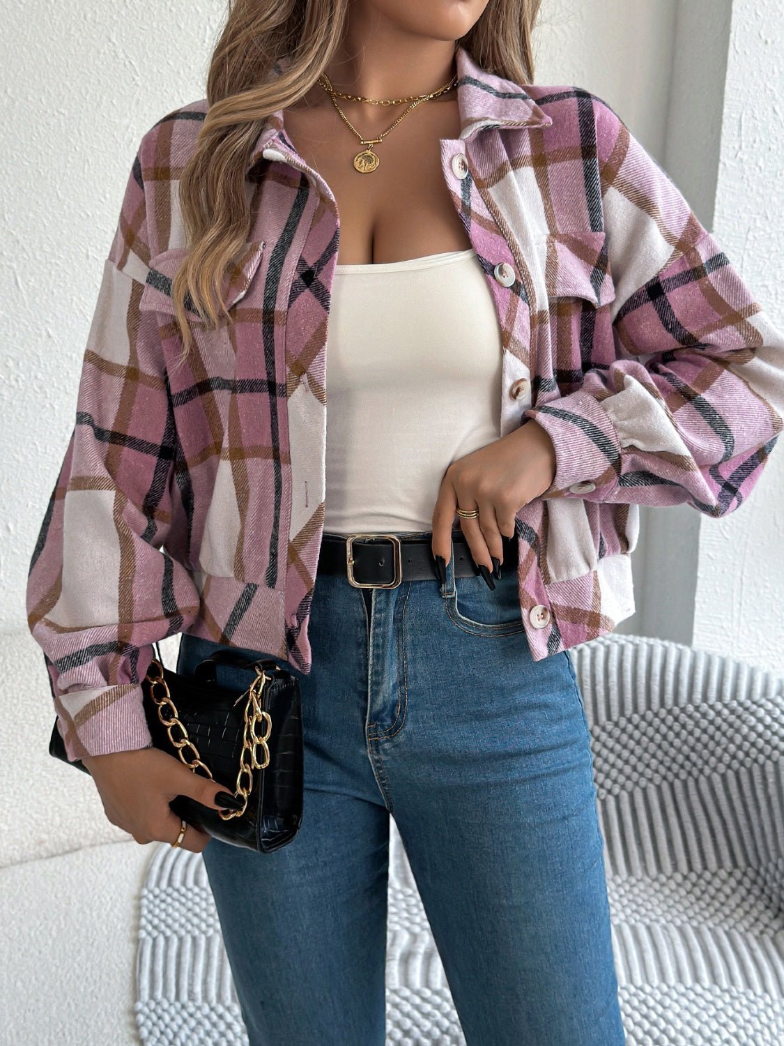 Plaid Button Up Long Sleeve Jacket - Flip Flop Dynasty