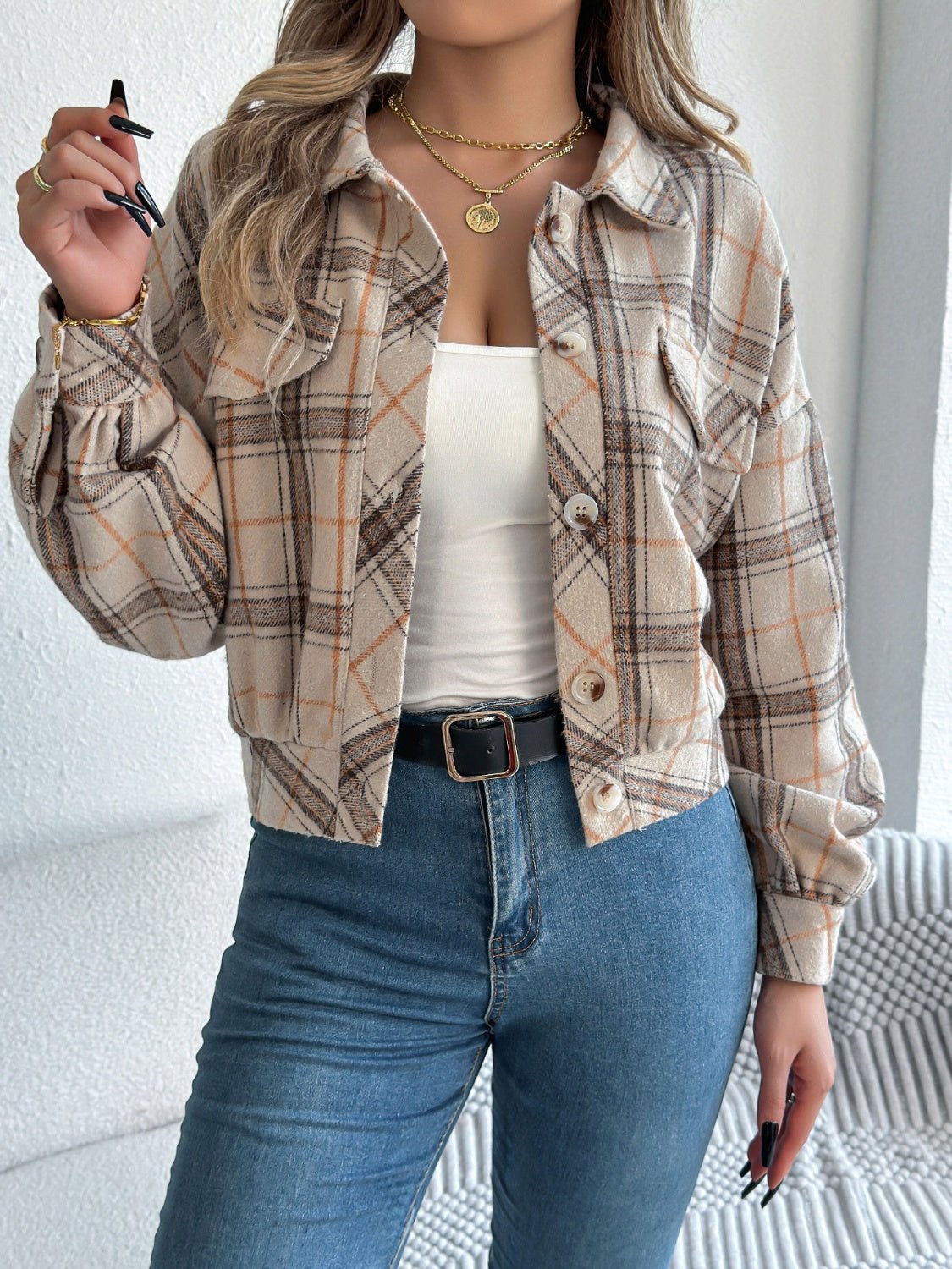 Plaid Button Up Long Sleeve Jacket - Flip Flop Dynasty