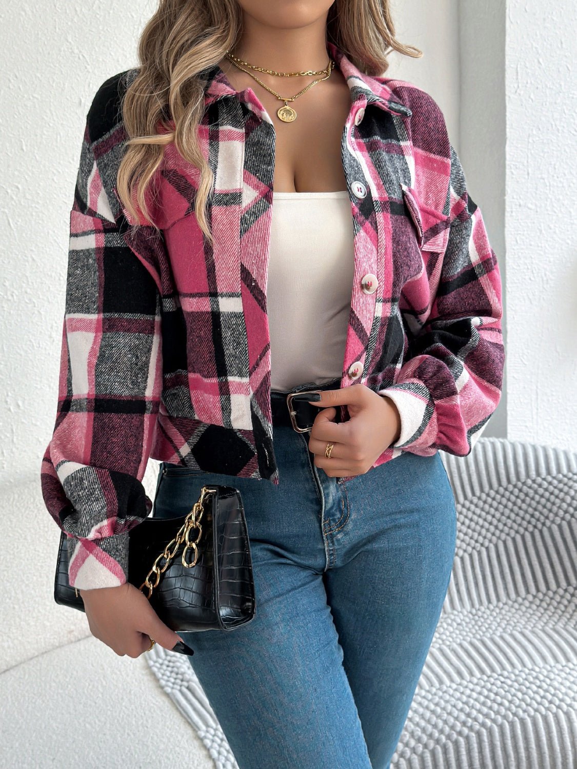 Plaid Button Up Long Sleeve Jacket - Flip Flop Dynasty