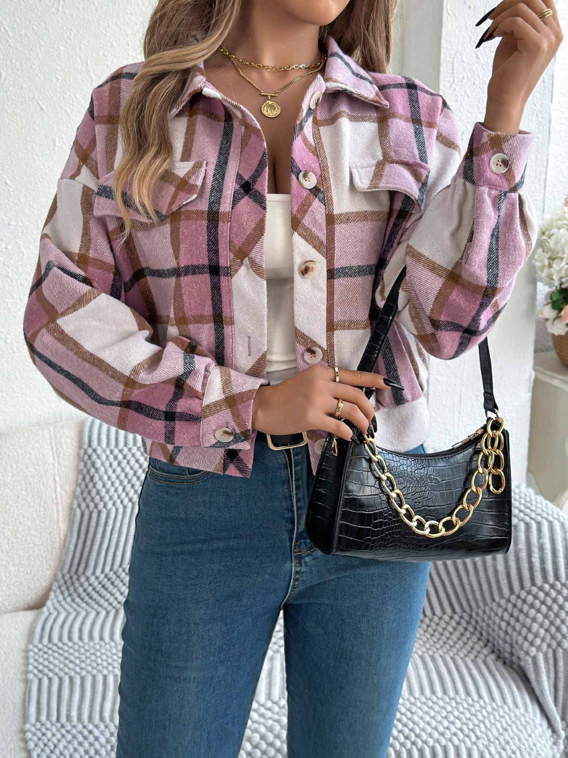 Plaid Button Up Long Sleeve Jacket - Flip Flop Dynasty