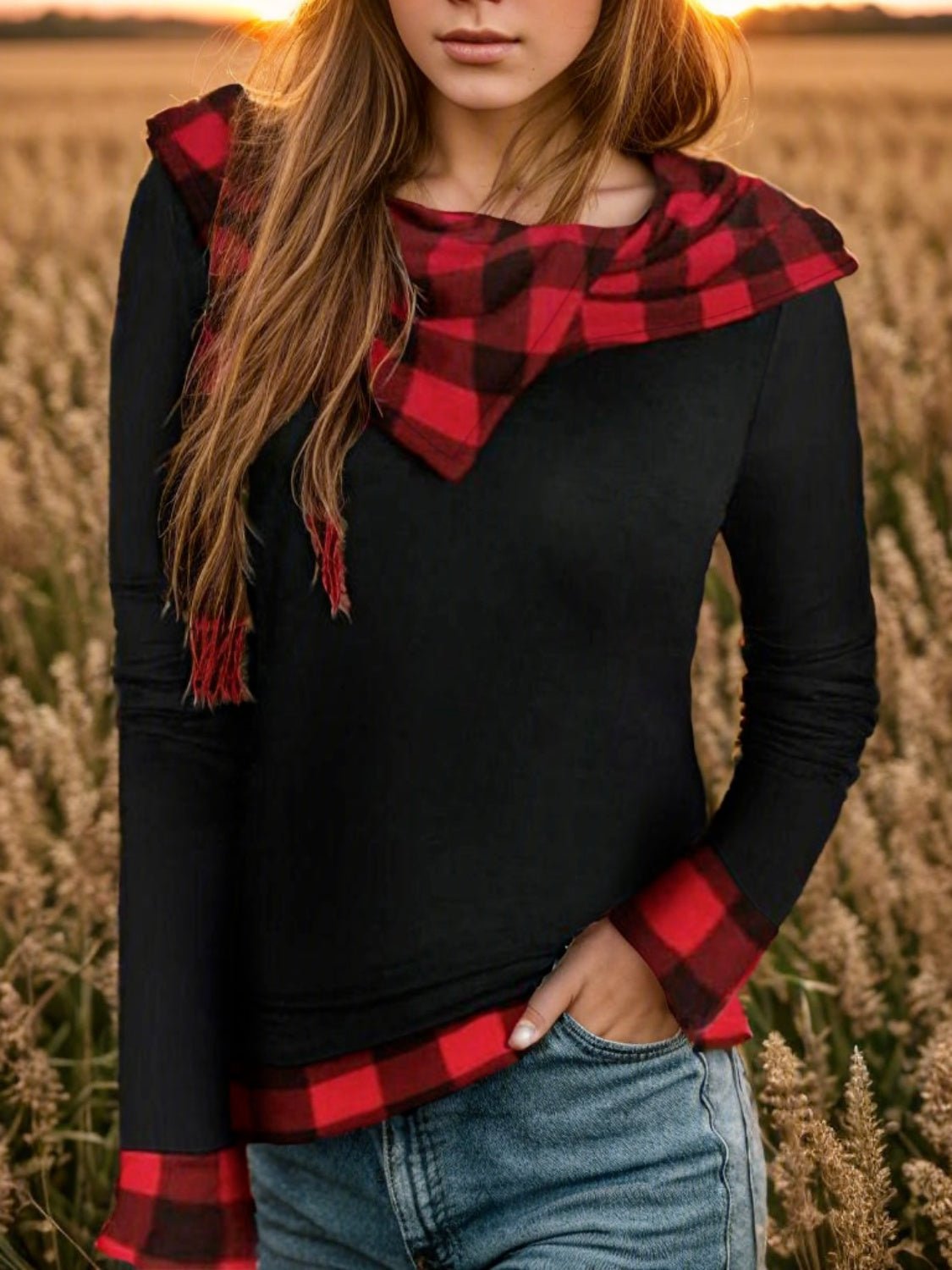 Plaid Long Sleeve Hooded Blouse - Flip Flop Dynasty