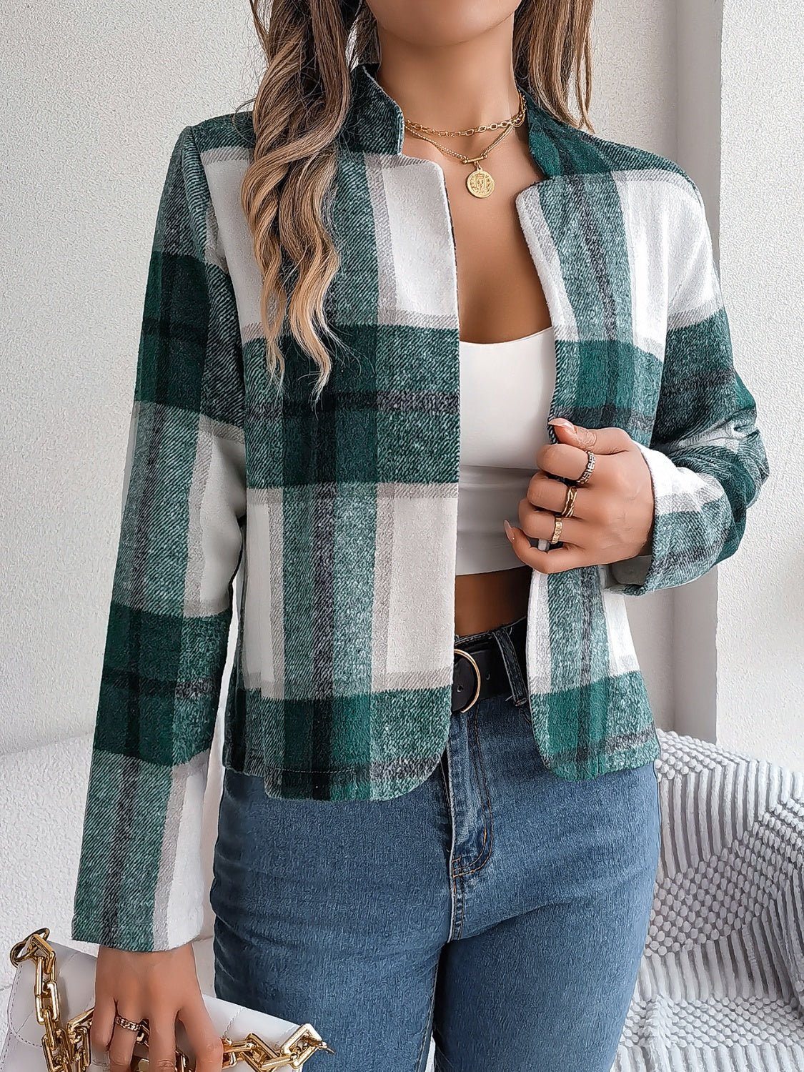 Plaid Open Front Long Sleeve Jacket - Flip Flop Dynasty