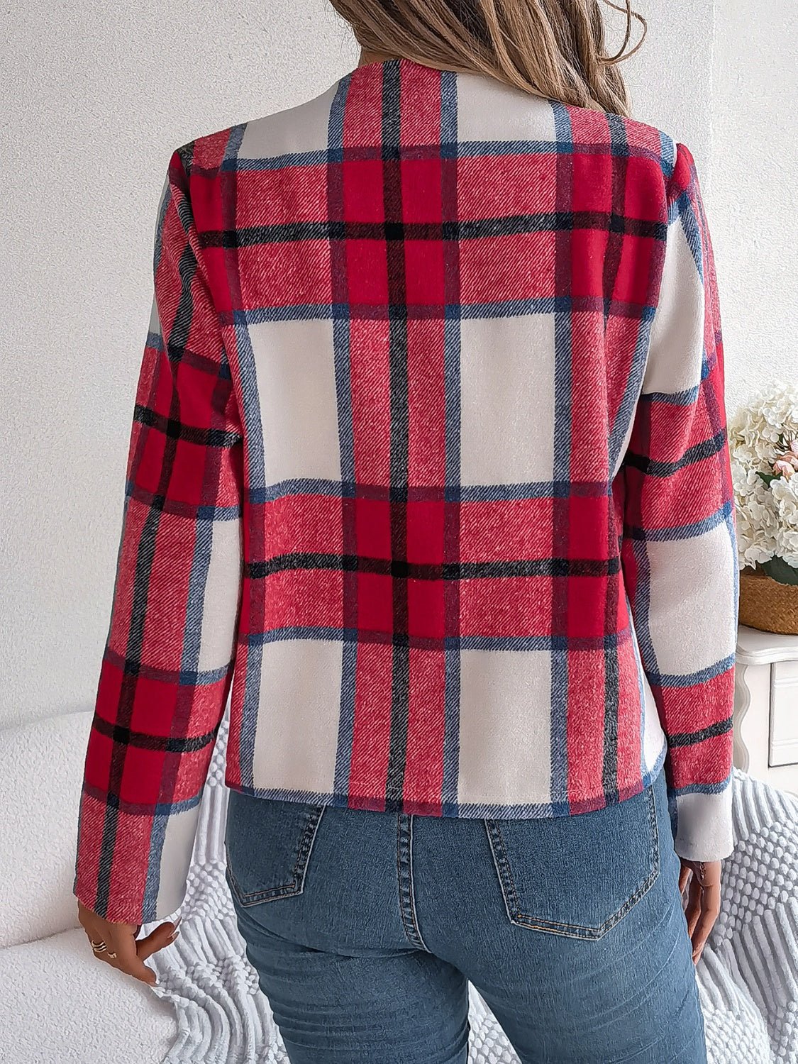 Plaid Open Front Long Sleeve Jacket - Flip Flop Dynasty