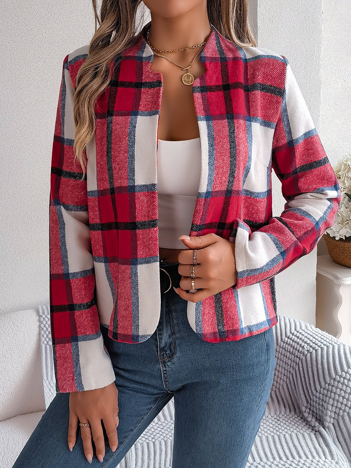 Plaid Open Front Long Sleeve Jacket - Flip Flop Dynasty