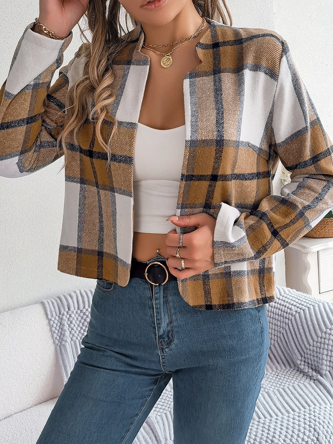 Plaid Open Front Long Sleeve Jacket - Flip Flop Dynasty