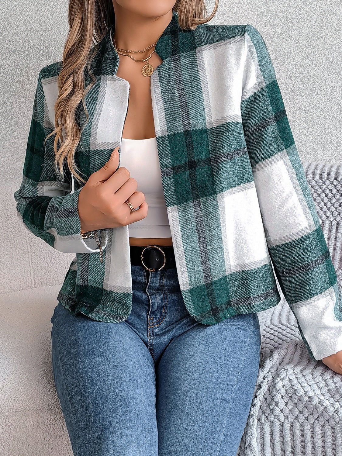 Plaid Open Front Long Sleeve Jacket - Flip Flop Dynasty