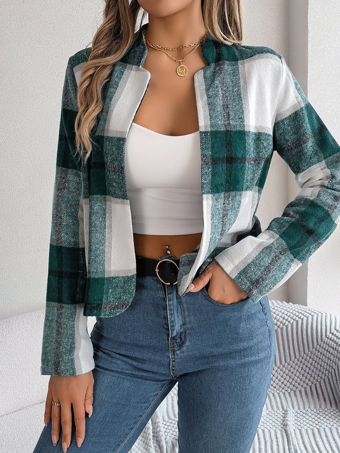 Plaid Open Front Long Sleeve Jacket - Flip Flop Dynasty