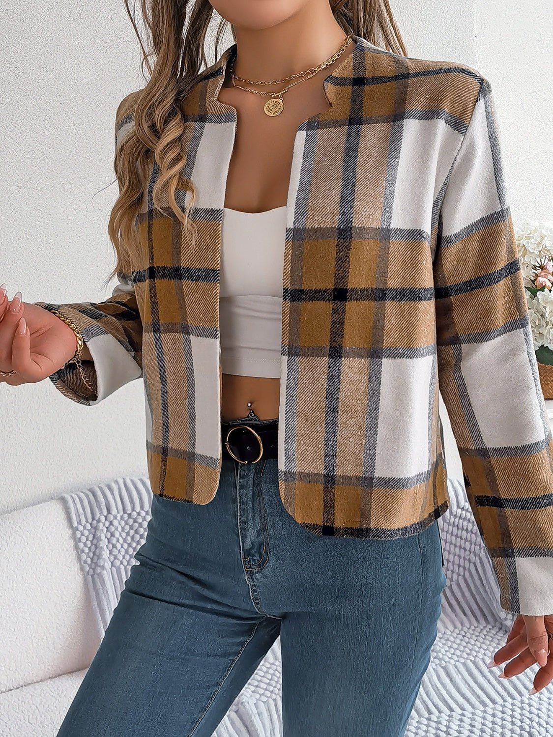 Plaid Open Front Long Sleeve Jacket - Flip Flop Dynasty