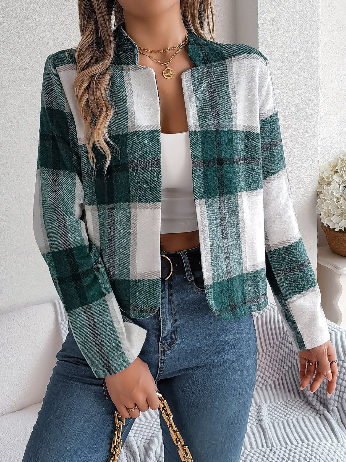 Plaid Open Front Long Sleeve Jacket - Flip Flop Dynasty