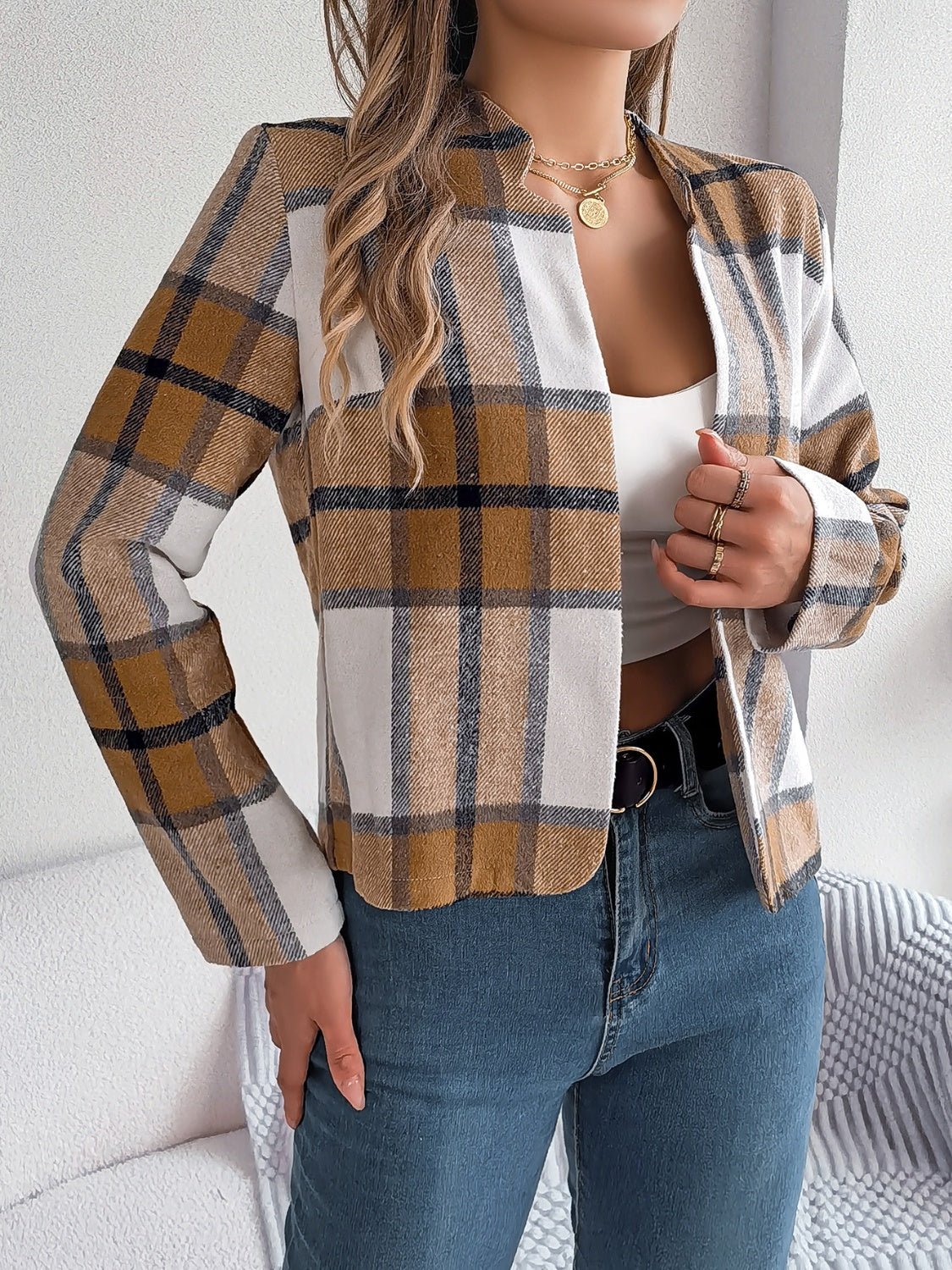 Plaid Open Front Long Sleeve Jacket - Flip Flop Dynasty