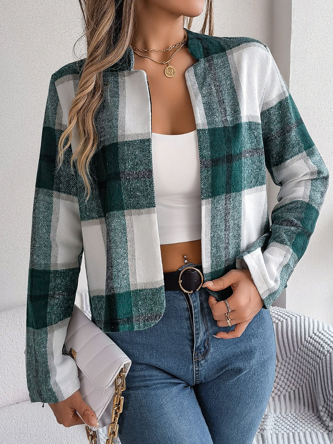 Plaid Open Front Long Sleeve Jacket - Flip Flop Dynasty