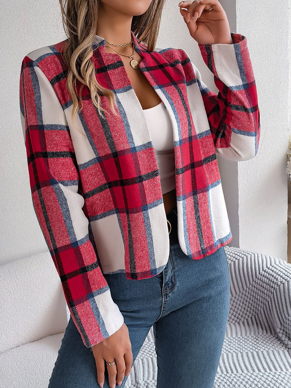 Plaid Open Front Long Sleeve Jacket - Flip Flop Dynasty