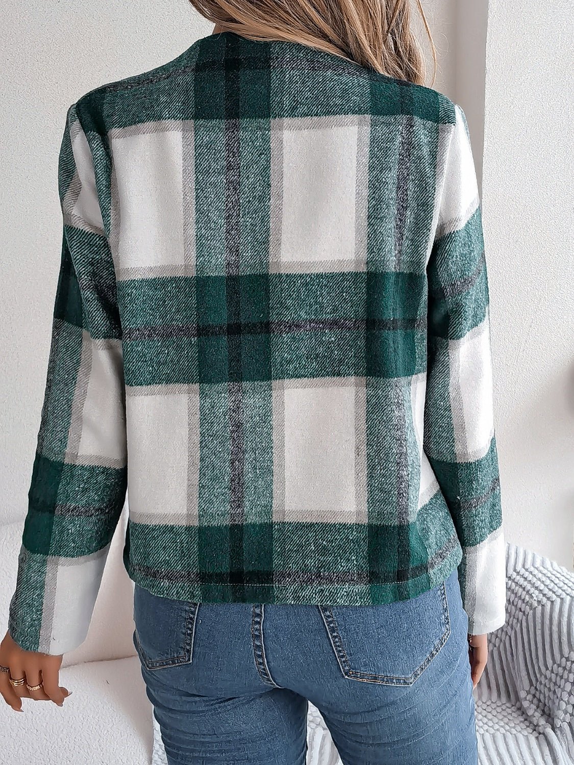 Plaid Open Front Long Sleeve Jacket - Flip Flop Dynasty