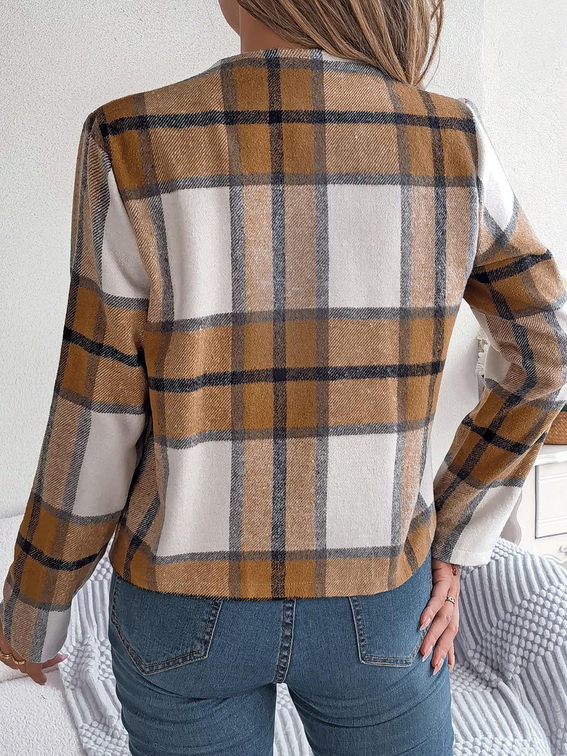 Plaid Open Front Long Sleeve Jacket - Flip Flop Dynasty