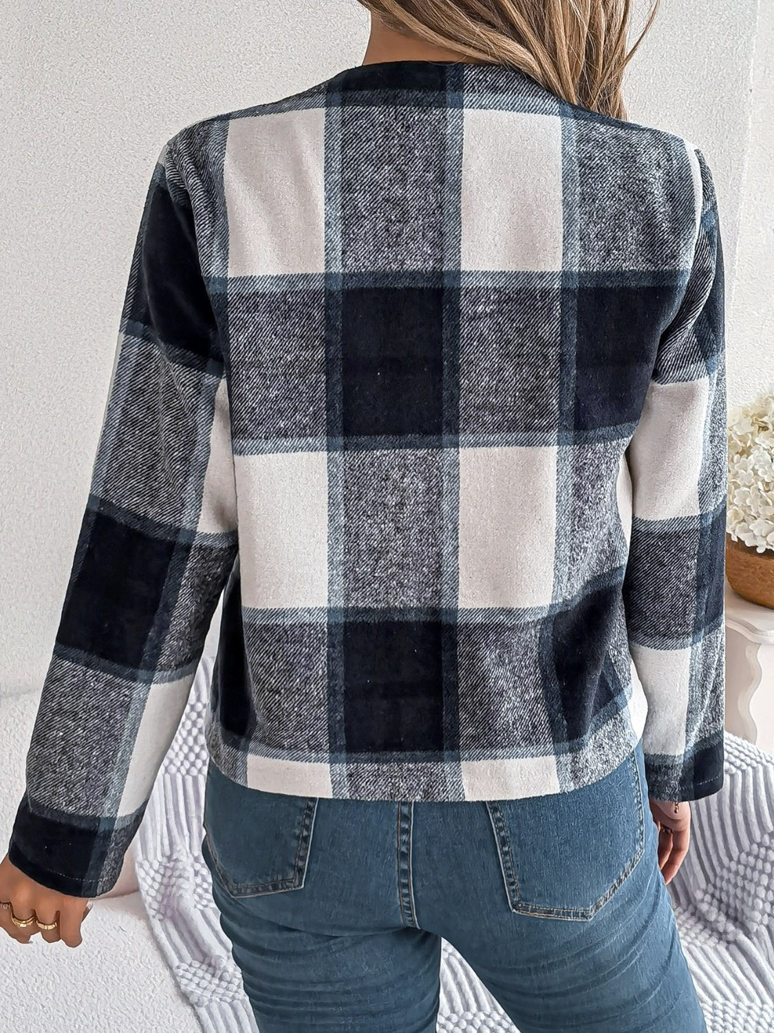 Plaid Open Front Long Sleeve Jacket - Flip Flop Dynasty