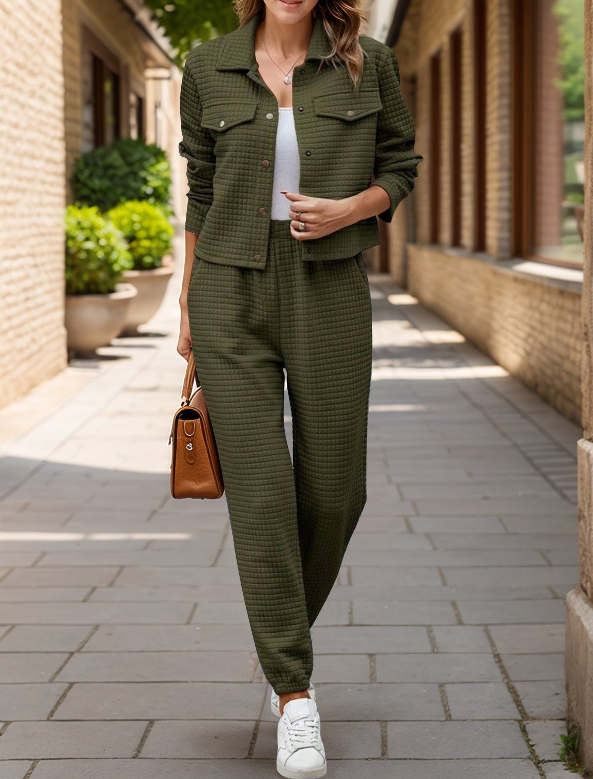 Plaid Texture Snap Down Top and Pants Set - Flip Flop Dynasty