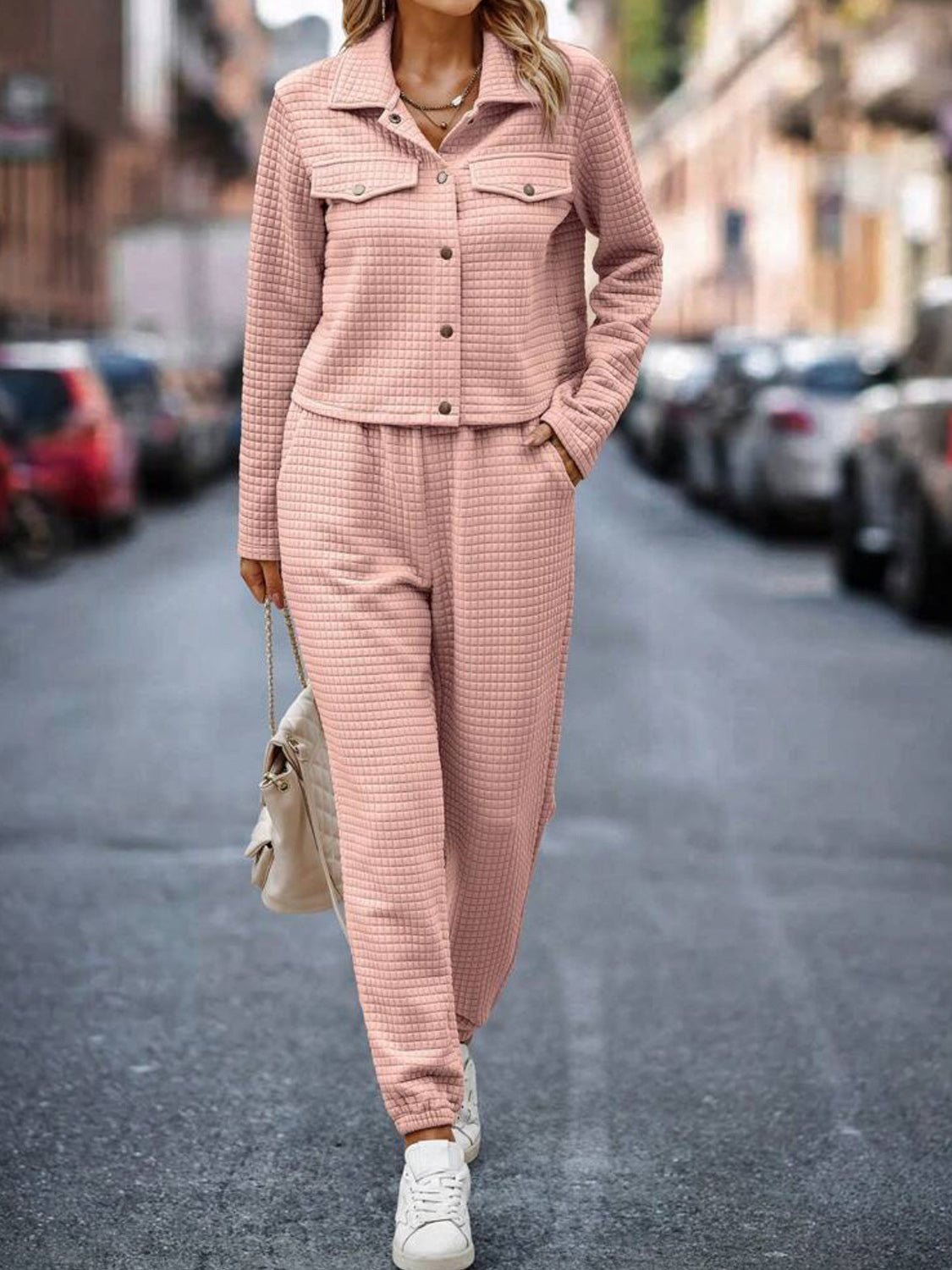 Plaid Texture Snap Down Top and Pants Set - Flip Flop Dynasty